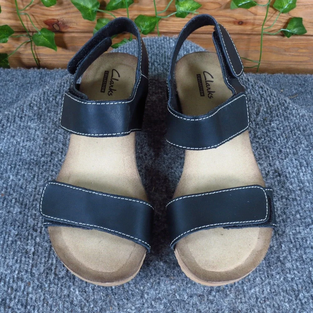 Clarks‎ Collection Alto Madi Women Wedge Sandal 5 Comfort Black Leather 26107127